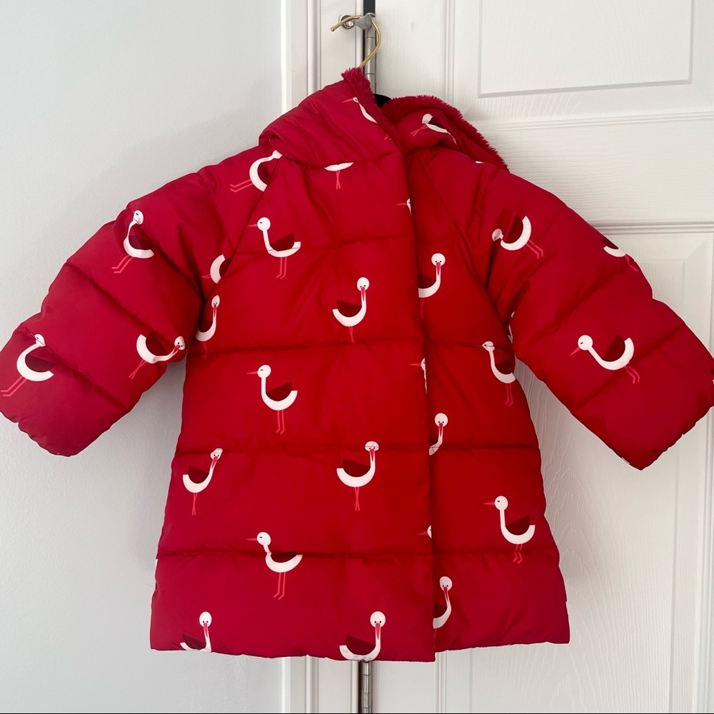 Girls 3Y Red Jacadi Hooded Winter Jacket with Stork Print